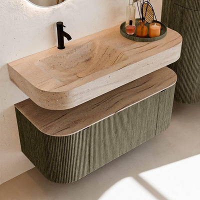 MONDIAZ THOR-DLUX Meuble de salle de bains 110cm arrondi gauche + droite couleur Shadow avec 1 tiroir et 2 portes. Vasque suspendue CLOUD Gauche 1 trou de robinet couleur Saba.