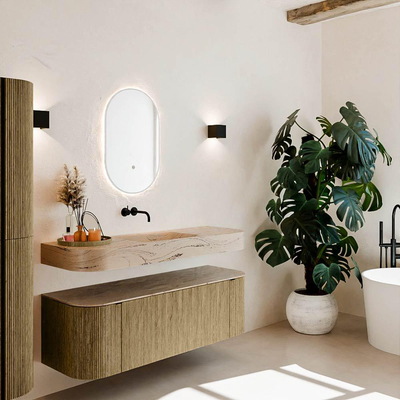 MONDIAZ THOR-DLUX Meuble de salle de bains 140cm arrondi gauche + droite couleur Dusk avec 1 tiroir et 2 portes. Vasque suspendue CLOUD Centre sans trou de robinet couleur Arena.