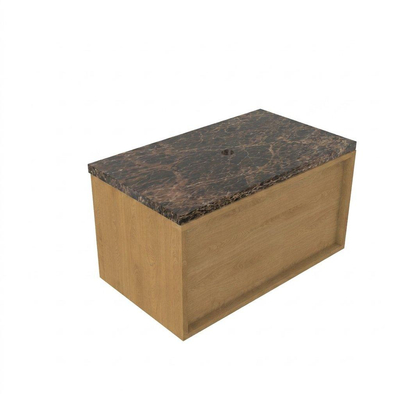 Saniclass Holz Frame Ensemble de meubles de salle de bains - 80x45x43cm - Plan de travail en pierre naturelle Noche dark emperador - sans trou de robinetterie - 1 tiroir - chêne natural mat (bois)
