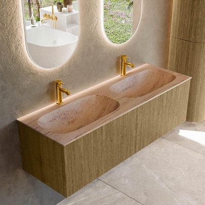 MONDIAZ KURVE-DLUX Meuble de salle de bains 140cm couleur Dusk avec 2 tiroirs et 0 portes. Lavabo STOR SMALL Double 2 trous de robinet Saba.
