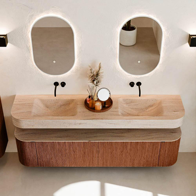 MONDIAZ THOR-DLUX Meuble de salle de bains 190cm arrondi gauche + droite couleur Ruby avec 2 tiroirs et 2 portes. Vasque suspendue CLOUD Double sans trou de robinet couleur Saba.