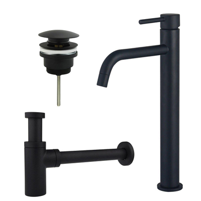 Fortifura Calvi Slim Kit mitigeur lavabo - robinet rehaussé - bonde clic clac - siphon design - Noir mat