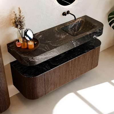 MONDIAZ THOR-DLUX 140cm meuble de salle de bains arrondi gauche + droite couleur Walnut avec 1 tiroir et 2 portes. Vasque suspendue CLOUD Droite sans trou de robinet couleur Lava.