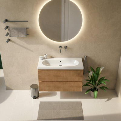 Saniclass Holz Atelier Ensemble de meubles de salle de bains - 100x45x63.5cm - lavabo Palermo en céramique blanc - 1 vasque - sans trou de robinetterie - 2 tiroirs - chêne natural mat (bois)