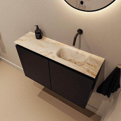 MONDIAZ TURE-DLUX Meuble de toilettes 80 cm Urban. EDEN vasque Frappe position à droite. Sans trou de robinet.