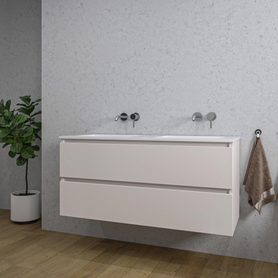 Saniclass Chaci Meuble de salle de bain - 120x46x55cm - lavabo en céramique blanc - 2 vasques - sans trous de robinet - 2 tiroirs - mat cotton (beige)