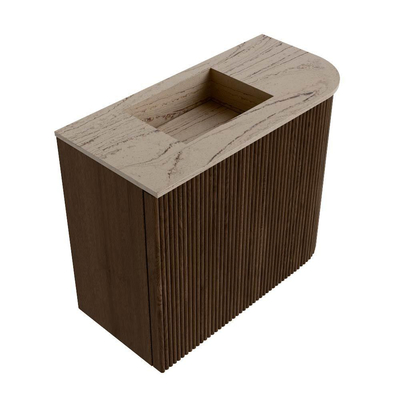 Mondiaz JOYA-DLUX 51.6cm toiletmeubel - ronding rechts kleur Walnut - Wastafel FAYE positie Links 1 kraangat kleur Arena.