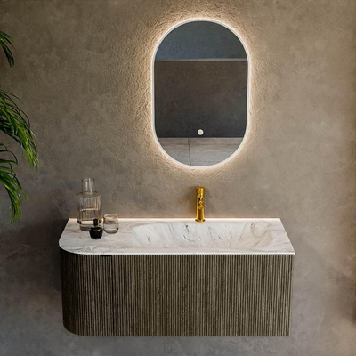 Mondiaz KURVE-DLUX Badkamermeubelset - 105x46x40cm - 1 lade - 1 deur - wastafel solid surface - rechts - 1 kraangat - Shadow