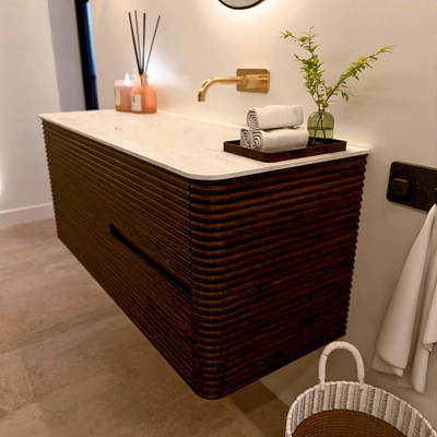 Mondiaz CIRO-DLUX Ensemble de meubles de salle de bains - 120x45x50cm - lavabo solid surface Opalo - 1 vasque à droite - sans trous de robinetterie - 2 tiroirs - Noyer