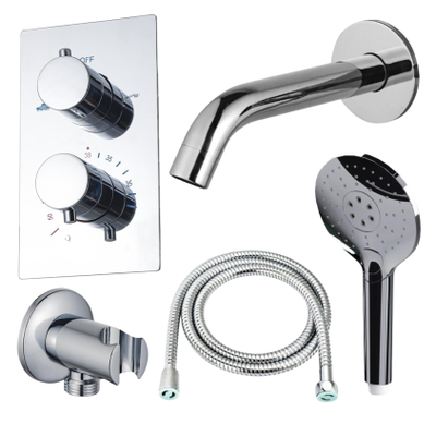 FugaFlow Eccelente Acces Badkraan set - uitloop - 22cm inkortbaar - metalen slang - ronde handdouche - inbouwdeel - wandhouder - chroom