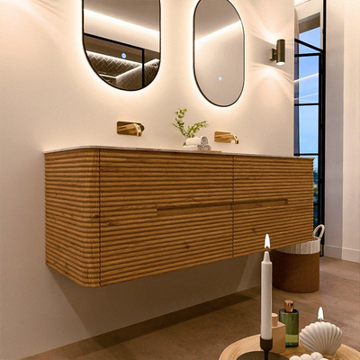 Mondiaz CIRO-DLUX Ensemble de meubles de salle de bains - 150x45x50cm - plan vasque solid surface Frappe - 2 vasques double - sans trous de robinetterie - 4 tiroirs - Chêne