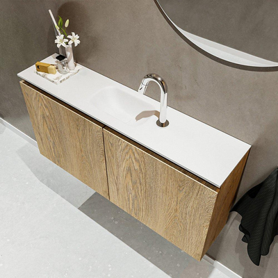 MONDIAZ TURE Toiletmeubel 100x23x50cm met 1 kraangaten 2 deuren washed oak mat Wastafel Eden midden Solid Surface Wit