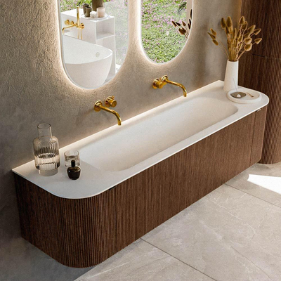 MONDIAZ KURVE 170cm badmeubel met module 25 Len R kleur Walnut met 1 lade en 2 deuren. Wastafel BIG LARGE midden zonder kraangat Talc.