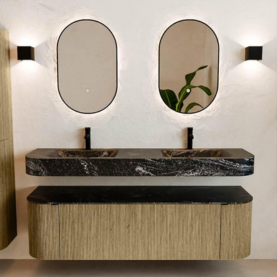 MONDIAZ THOR-DLUX 160cm meuble de salle de bains arrondi gauche + droite couleur Dusk avec 1 tiroir et 2 portes. Vasque suspendue CLOUD Double 2 trous de robinet couleur Lava.