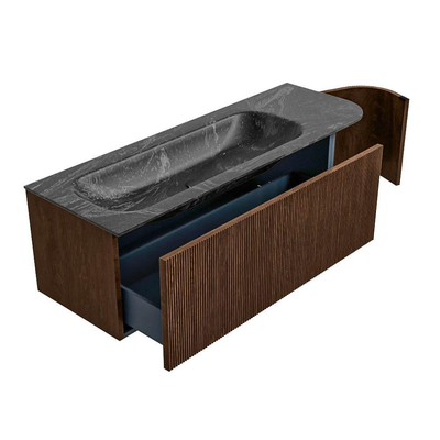 MONDIAZ KURVE-DLUX Meuble de salle de bains 135 cm avec module 25 R couleur Walnut avec 1 tiroir et 1 porte. Lavabo BIG MEDIUM gauche sans trou de robinet couleur Lava.