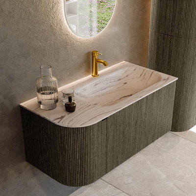 MONDIAZ KURVE-DLUX Meuble de salle de bains 95cm arrondi à gauche couleur Shadow avec 1 tiroir et 1 porte. Lavabo BIG SMALL à droite 1 trou de robinet Nata.