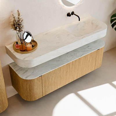 MONDIAZ THOR-DLUX Meuble de salle de bains 150cm arrondi gauche + droite couleur Oak avec 1 tiroir et 2 portes. Vasque suspendue CLOUD Droite sans trou de robinet couleur Opalo.