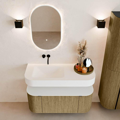 MONDIAZ THOR Meuble de salle de bains 110cm arrondi gauche + droite couleur Dusk avec 1 tiroir et 2 portes. Vasque suspendue CLOUD Gauche sans trou de robinet couleur Talc.