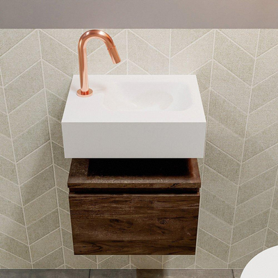 MONDIAZ ANDOR Toiletmeubel - 40x30x30cm - 1 kraangat - 1 lades - dark brown mat - wasbak rechts - Solid surface - Wit