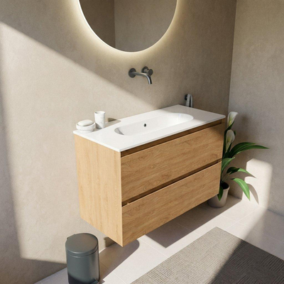 Saniclass Holz Pure Ensemble meuble de salle de bains - 100x45x73.9cm - lavabo Chaci en céramique blanc - 1 vasque - sans trou de robinetterie - 2 tiroirs - chêne natural mat (bois)