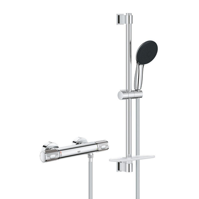 GROHE Precision Feel Ensemble de douche - robinet thermostatique - avec ensemble barre de douche - 60cm - douchette ronde - 3 jets - flexible de douche lisse - chrome