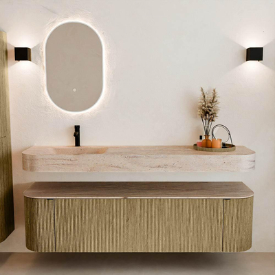 MONDIAZ THOR-DLUX 170cm meuble de salle de bains arrondi gauche + droite couleur Dusk avec 1 tiroir et 2 portes. Vasque suspendue CLOUD gauche 1 trou de robinet couleur Saba.