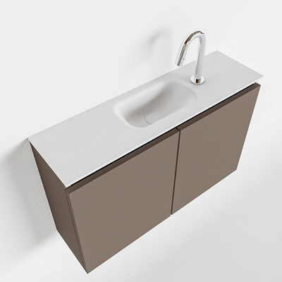 MONDIAZ TURE Kit lave-mains - 80x23x50cm - 1 trou de robinet - 2 portes - fumée mate - Lavabo central - Solid Surface Blanc
