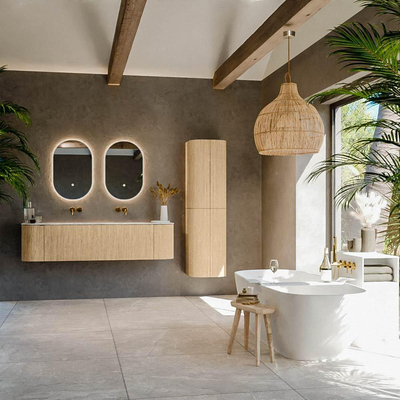 MONDIAZ KURVE-DLUX Meuble de salle de bains 170cm avec module 25 Len R couleur Chêne avec 1 tiroir et 2 portes. Lavabo LEAF double sans trou de robinet couleur Glace.