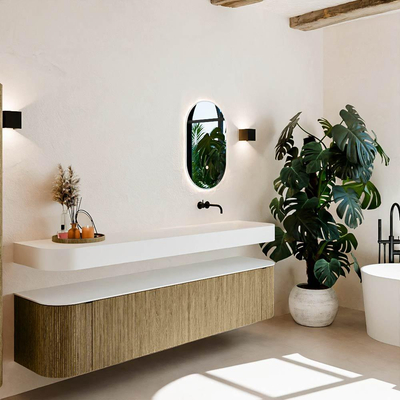 MONDIAZ THOR Meuble de salle de bains 200cm arrondi gauche + droite couleur Dusk avec 2 tiroirs et 2 portes. Vasque suspendue CLOUD Droite sans trou de robinet couleur Talc.