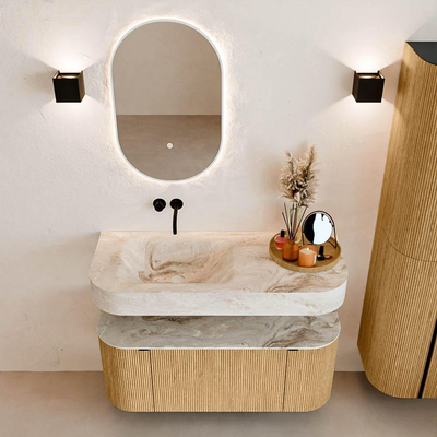 MONDIAZ THOR-DLUX 110cm badmeubel ronding links + rechts kleur Oak met 1 lade en 2 deuren. Vrijhangende wastafel CLOUD Links zonder kraangat kleur Frappe.