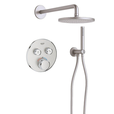 Grohe - Adema Rise Regendoucheset - rond - wandaansluitbocht met handdouchehouder - gladde doucheslang - staafhanddouche - wandarm - 25cm hoofddouche - Grohe SmartControl inbouwthermostaat - chroom