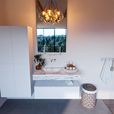 Mondiaz ALAN-DLUX Ensemble de meuble - 100cm - meuble Talc mat - 1 tiroir - Lavabo Cloud Glace suspendu - vasque Gauche - 0 trous de robinet
