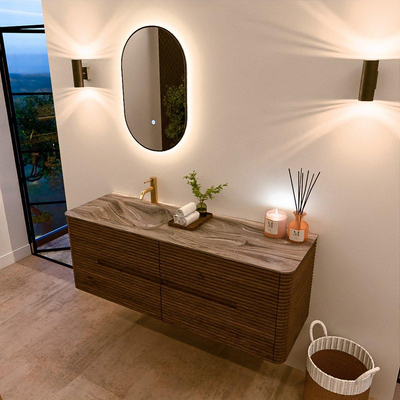 Mondiaz CIRO-DLUX Badkamermeubelset - 140x45x50cm - Solid surface wastafel Sombra - 1 wasbak Links - 1 kraangat - 4 lades - Dusk