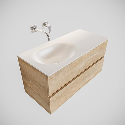 MONDIAZ VICA Ensemble de meuble salle de bain - 100cm - 2 tiroirs - lavabo Moon gauche - 0 trous de robinet - solid surface chêne blanchi