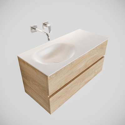 Mondiaz VICA Meuble Washed oak avec 2 tiroirs 100x50x45cm vasque lavabo Moon gauche sans trou de robinet