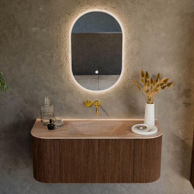 MONDIAZ KURVE-DLUX 110cm badmeubel ronding Links + Rechts kleur Walnut met 1 lade en 2 deuren. Wastafel CLOUD Midden zonder kraangat Saba.