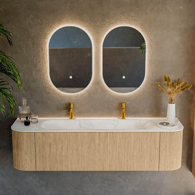 MONDIAZ KURVE-DLUX 170cm Meuble salle de bain avec module 25 G et D - couleur Oak - 1 tiroir - 2 portes - vasque BIG LARGE centre - 2 trous de robinet - couleur Ostra