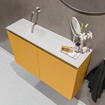 MONDIAZ TURE Toiletmeubel 80x23x50cm met 0 kraangaten 2 deuren ocher mat Wastafel Eden links Solid Surface Wit