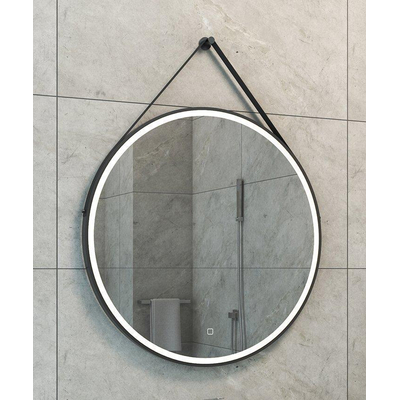 Wiesbaden Cinto spiegel rond met band, LED verlichting, dimbaar en spiegelverwarming 80 cm mat zwart