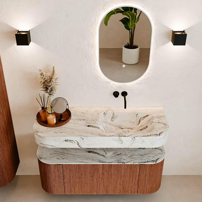 MONDIAZ THOR-DLUX 120cm meuble de salle de bains arrondi gauche + droite couleur Ruby avec 1 tiroir et 2 portes. Vasque suspendue CLOUD droite sans trou de robinet couleur Glace.