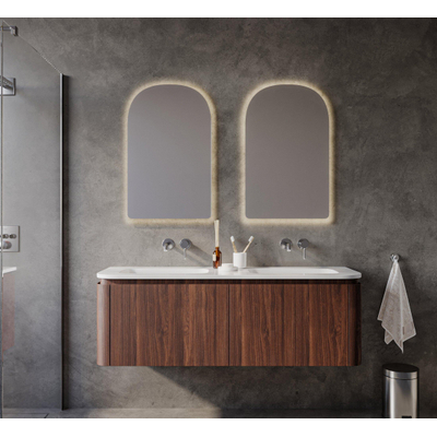 Saniclass Terra Badkamermeubelset - 140x42x45.5cm - keramische wastafel wit glans - 2 wasbakken - 4 lades - Kastanje (walnoot)