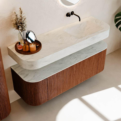 MONDIAZ THOR-DLUX Meuble de salle de bains 140cm arrondi gauche + droite couleur Ruby avec 1 tiroir et 2 portes. Vasque suspendue CLOUD Droite sans trou de robinet couleur Opalo.