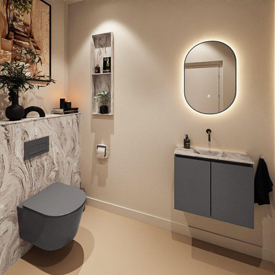 MONDIAZ TURE-DLUX Meuble toilette - 60cm - Dark Grey - EDEN - vasque Glace - position centrale - sans trou de robinet