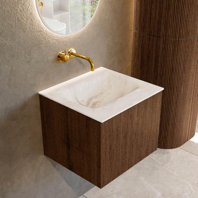 MONDIAZ KURVE-DLUX 50cm badmeubel kleur Walnut met 1 lade. Wastafel GRUNNE midden zonder kraangat kleur Frappe.
