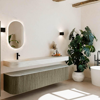 MONDIAZ THOR-DLUX 200cm meuble de salle de bains arrondi gauche + droite couleur Shadow avec 2 tiroirs et 2 portes. Vasque suspendue CLOUD Gauche 1 trou de robinet couleur Opalo.