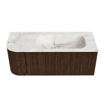 MONDIAZ KURVE-DLUX 115cm badmeubel met module 25 L kleur Walnut met 1 lade en 1 deur. Wastafel BIG SMALL rechts zonder kraangat kleur Frappe.