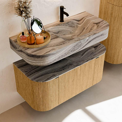 MONDIAZ THOR-DLUX 100cm meuble de salle de bains arrondi gauche + droite couleur Oak avec 1 tiroir et 2 portes. Vasque suspendue CLOUD Droite 1 trou de robinet couleur Sombra.