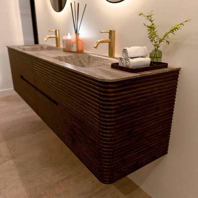 Mondiaz CIRO-DLUX Badkamermeubelset - 190x45x50cm - Solid surface wastafel Oza - 2 wasbak Dubbel - 2 kraangaten - 4 lades - Walnut