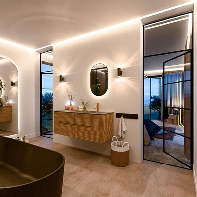 Mondiaz CIRO-DLUX Meuble de salle de bains - 130x45x50cm - Plan-vasque solid surface Sombra - 1 lavabo à droite - 1 trou de robinet - 4 tiroirs - Chêne