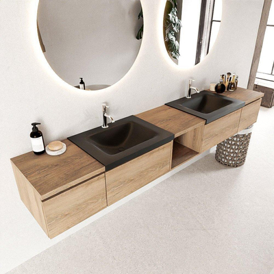 Mondiaz BUKLA badkamermeubelset 240x45x34cm 2 kraangaten 2 wasbakken solid surface Urban greeploos 4 lades met softclose Melamine Washed Oak